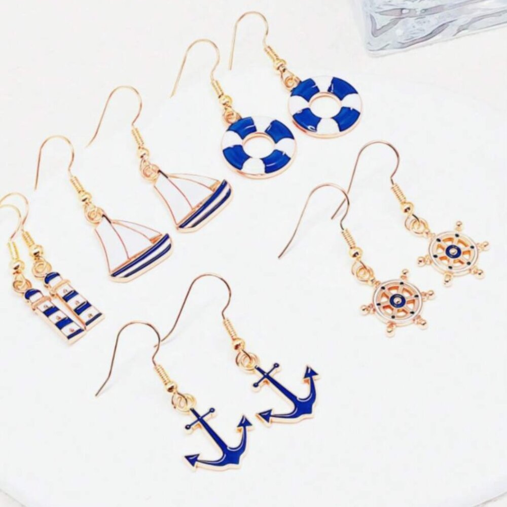 ⚓ Nautical Charm Earrings Set – Anchor, Sailboat, Helm & Lifesaver ⚓